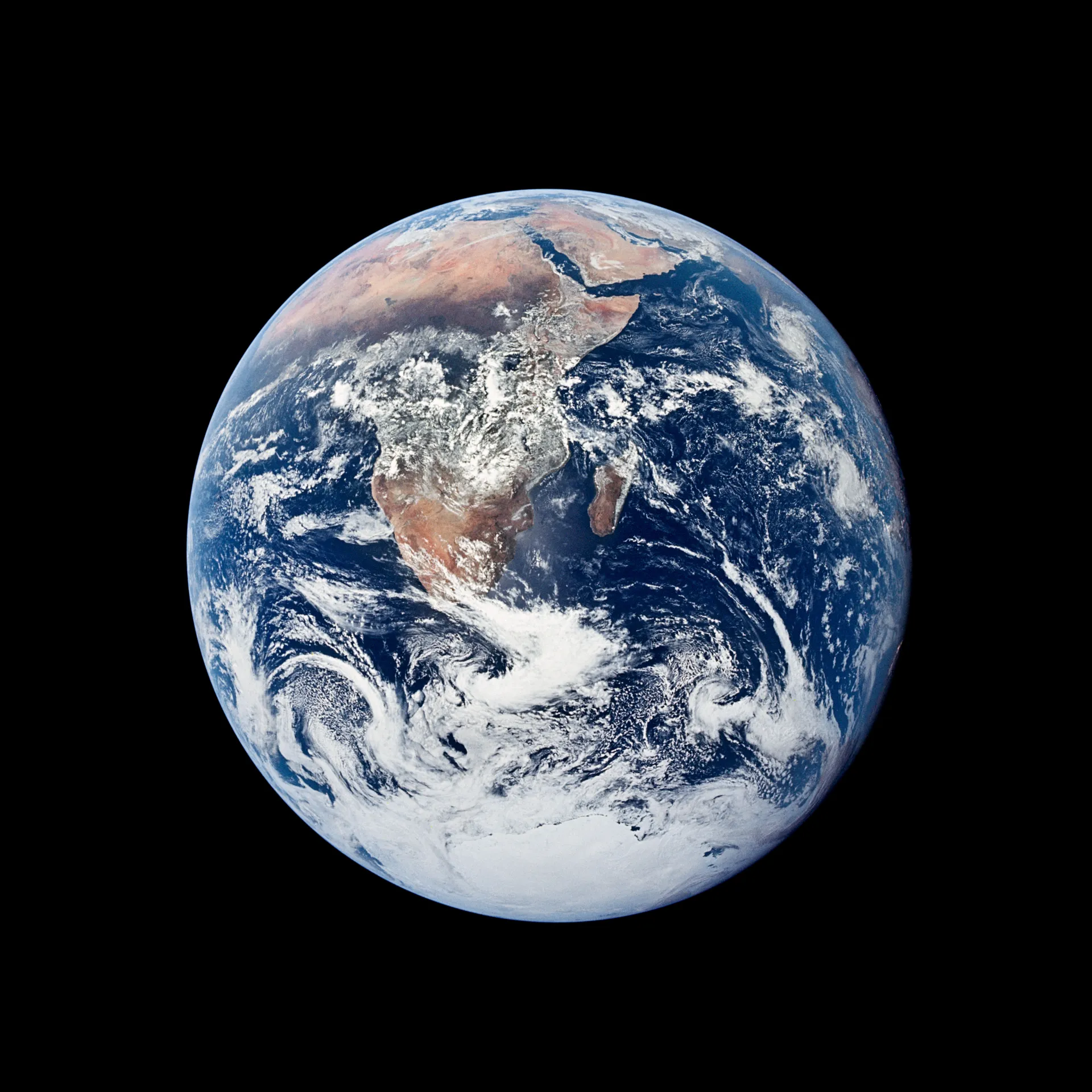 The whole Earth, with Africa, Arabia and Antarctica, photographed by the Apollo 17 crew against black space.