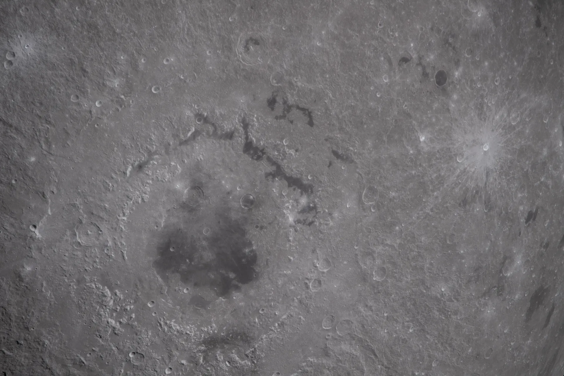 Gray lunar terrain with the concentric rings of the Orientale basin surrounding a dark central patch.