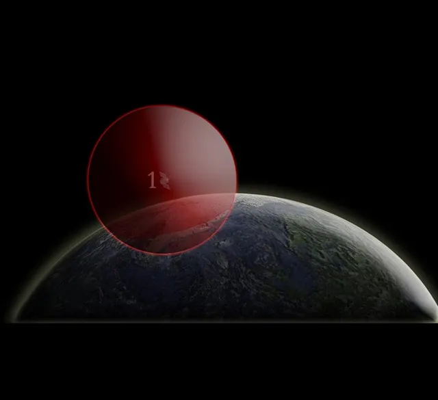 A red translucent sphere centered on satellite 1 cuts through the curve of the Earth.