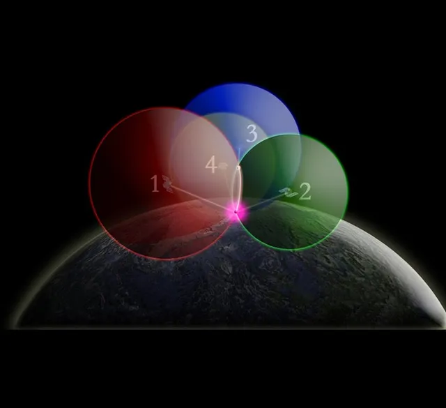 A fourth sphere joins the three; lines from four satellites converge on a single glowing point on the Earth’s surface.