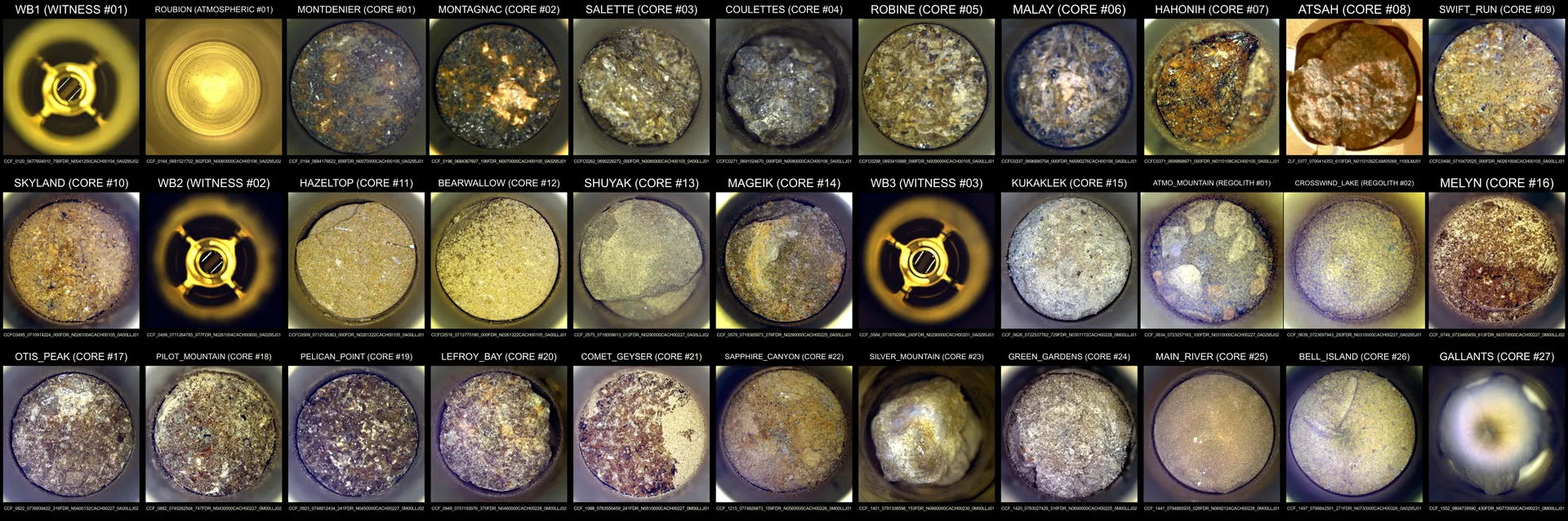 A grid of 33 small circular photographs, each showing the inside of a sample tube filled with gray, tan or reddish rock powder, with the sample name above each.
