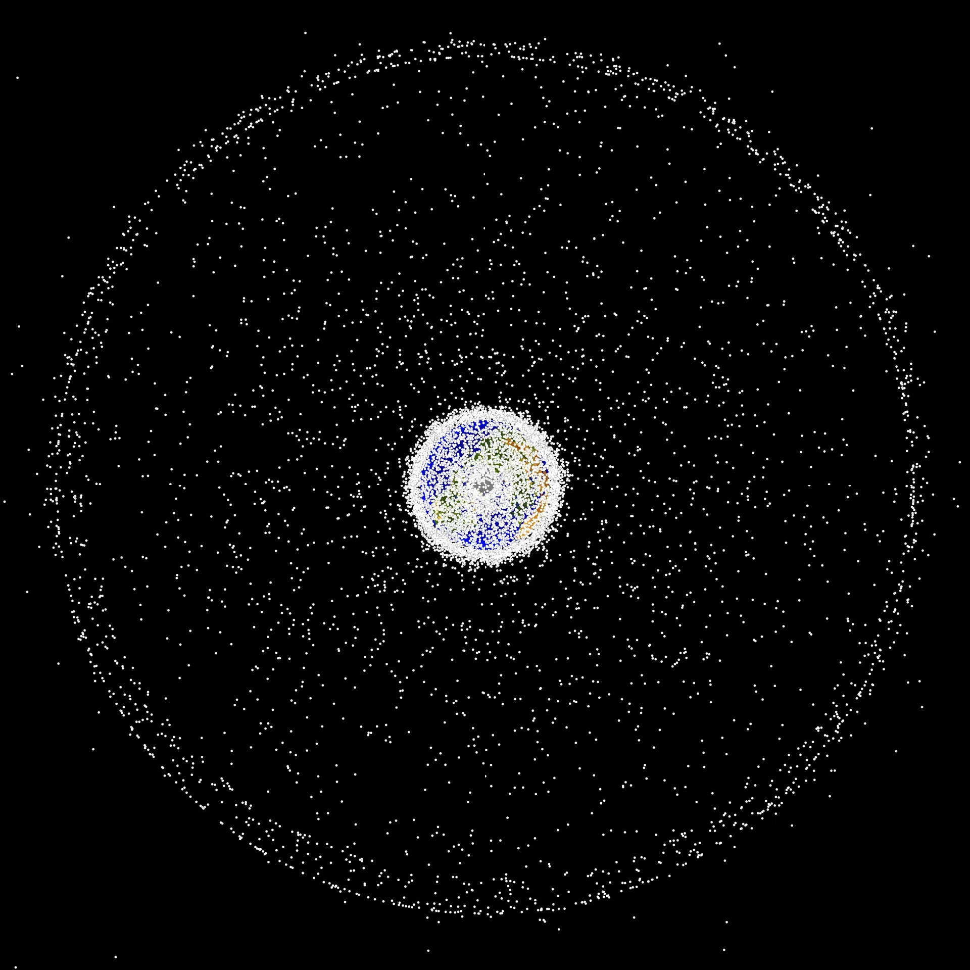 A small Earth seen from above the North Pole, ringed at a distance by a thin circle of white dots marking the geostationary belt.