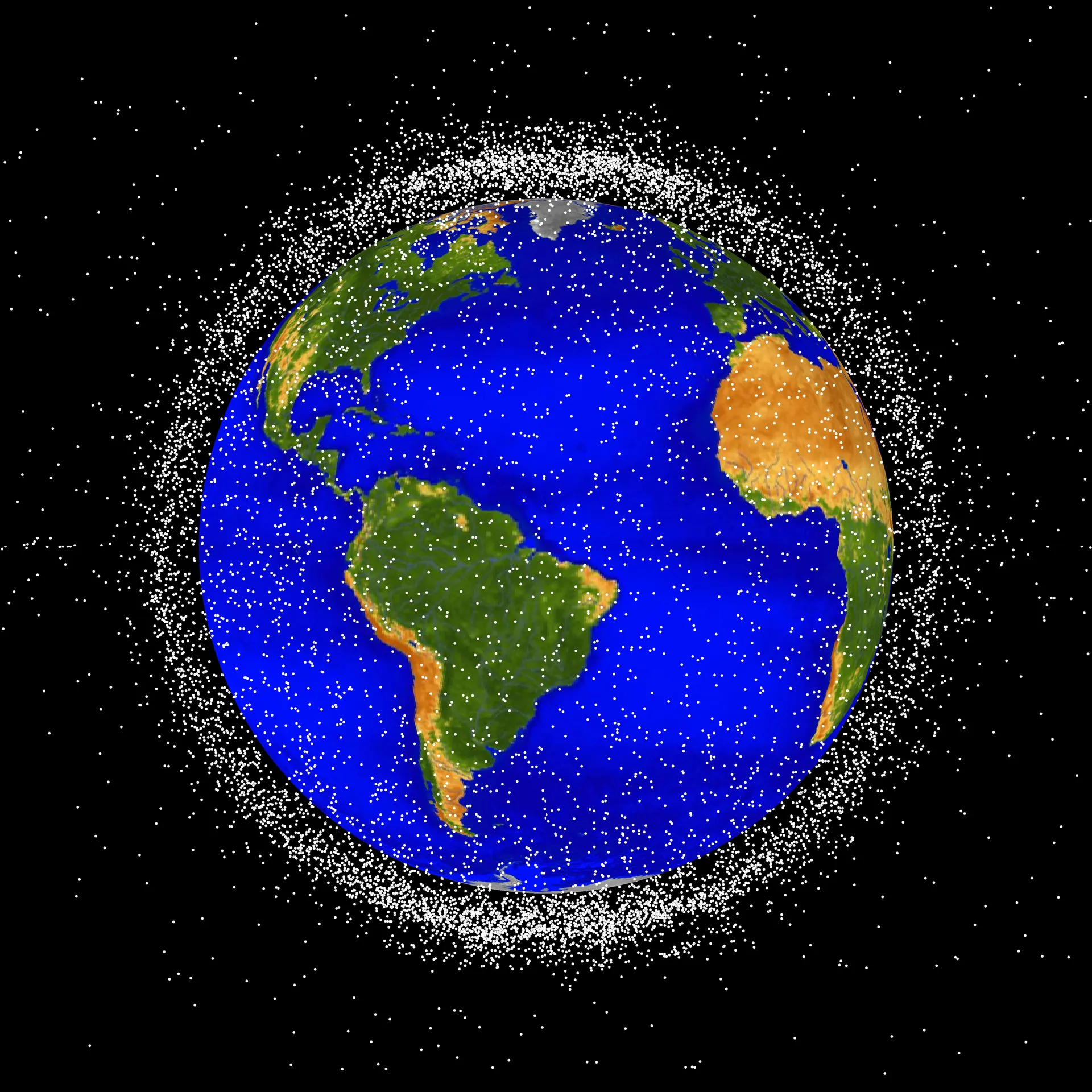 A computer-generated globe surrounded by a dense cloud of white dots in low orbit, thickest over the poles.