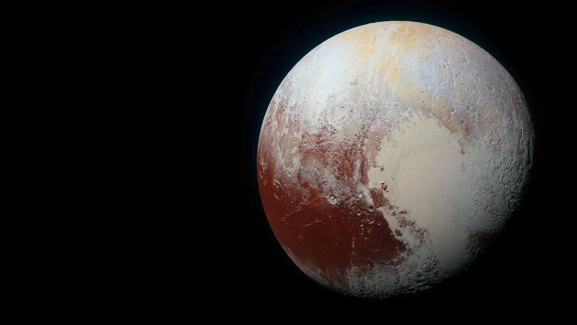 Pluto, a pale globe with a bright heart-shaped plain of ice and dark reddish highlands, hangs at the right of a black frame.